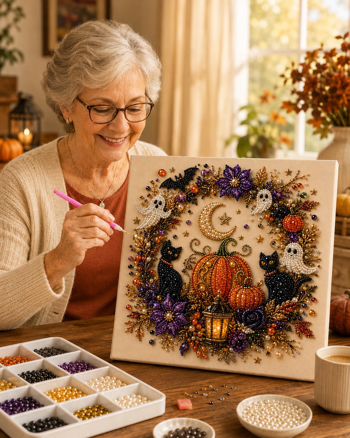 👻✨50.000 VERKAUFT!🎃 Halloween Perlkunst DIY-Kit – Keine Malfähigkeiten erforderlich, einfach Perlen zuordnen und platzieren. Erstelle gruselig-süße Dekoration für ein gemütliches Herbst-Zuhause! 🧵🖼️