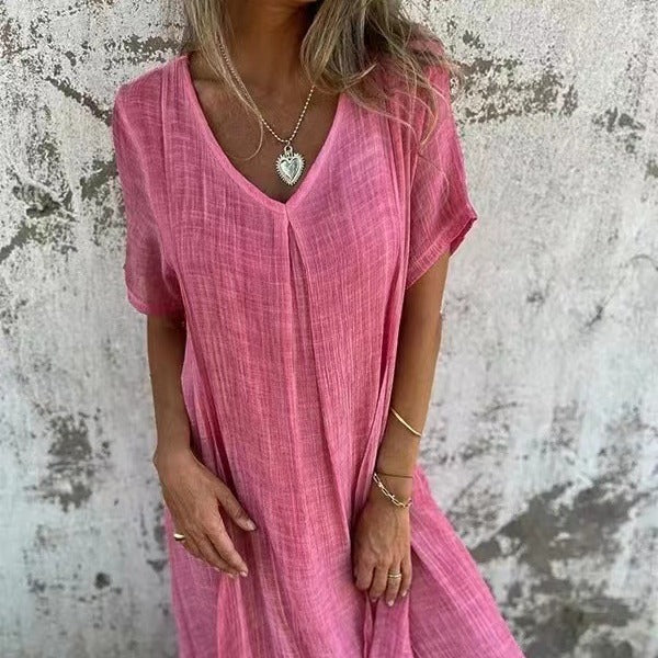 🔥 Damenlockeres V-Ausschnitt-Kleid aus Baumwoll-Leinen