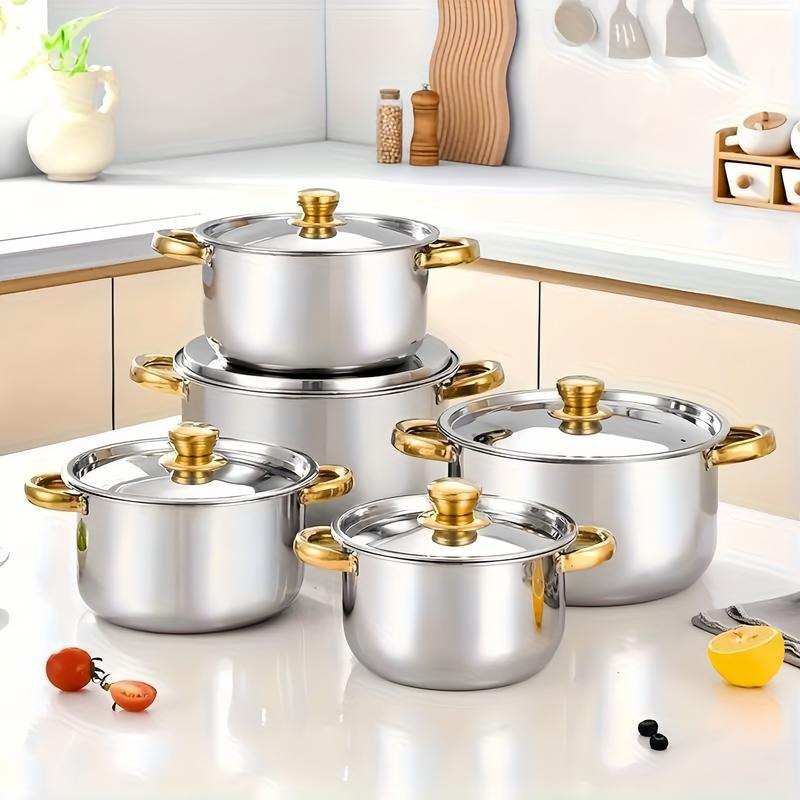 🍳 57% RABATT! 🔥 5-teiliges Kochset – Robuster Edelstahl, Glasdeckel & Elegante Gold-Akzente für Eine Stilvolle Küche ✨