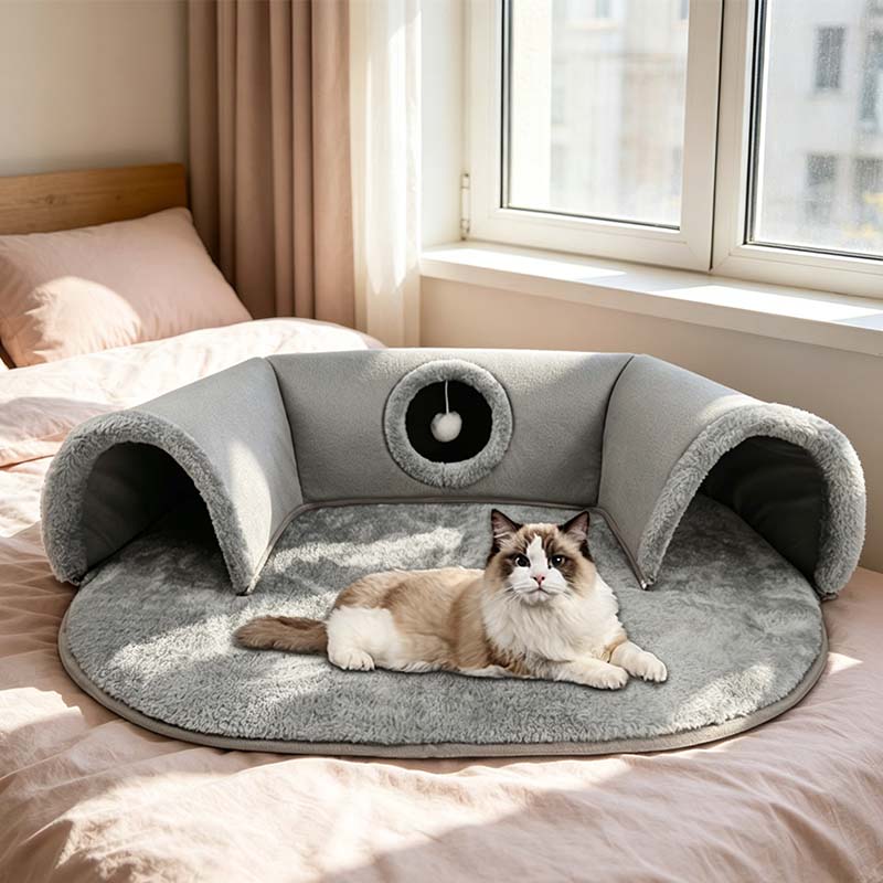 🐱 Plüsch-Katzenbett mit Tunnel 🛤️|2-in-1 Katzenhaus