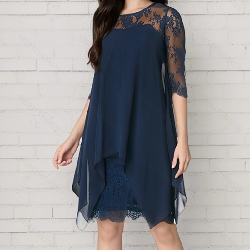 šDamen elegantes Kleid mit Spitzenüberzug und asymmetrischem Saum