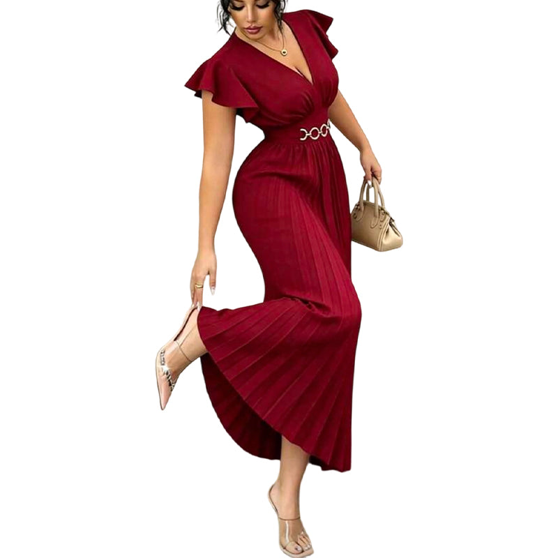 🎉 2026 Sale — Over 35,000 Sold!💃Flowy Pleated Maxi Dress – V-Neck, Ruffle Sleeves, Metal Waistband 🌸