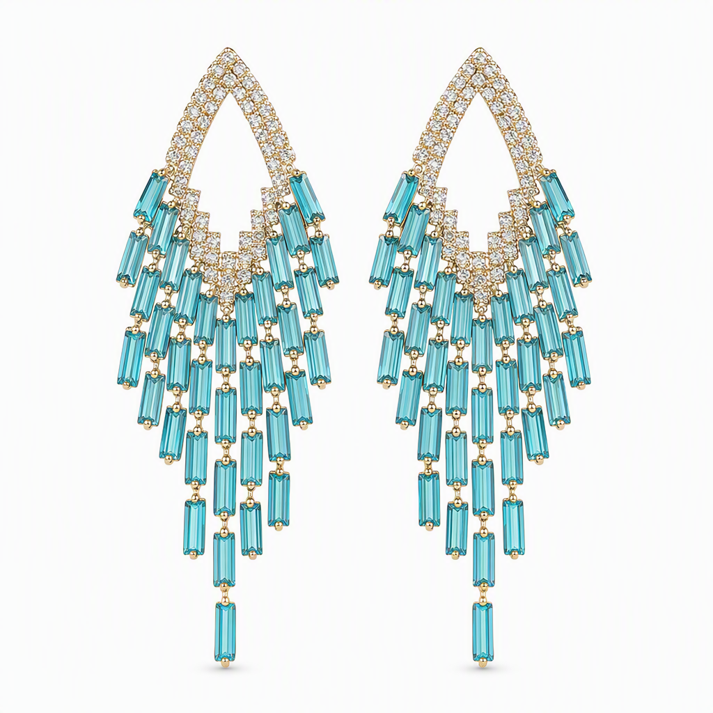 Rautenförmige Ohrstecker mit Zirkonia-Tropfen und Quasten, silberne Ohrstecker – elegante Statement-Ohrringe für Damen