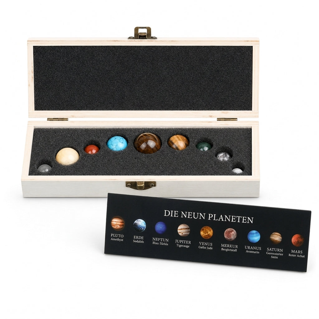 Set natürlicher Kristallkugeln – Planeten des Sonnensystems mit Holz-Geschenkbox, Mineralproben für wissenschaftliche Bildung und Schreibtischdekoration
