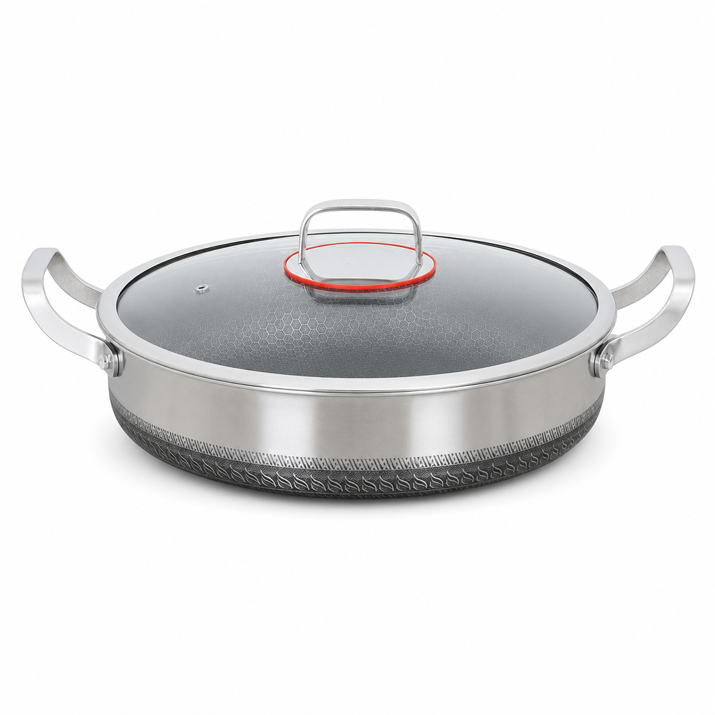 ⏳Zeitlich befristetes Sonderangebot⏰ Verdickter Edelstahl-Antihaft-Wok mit Deckel, flacher Boden, Bratpfanne mit zwei Griffen