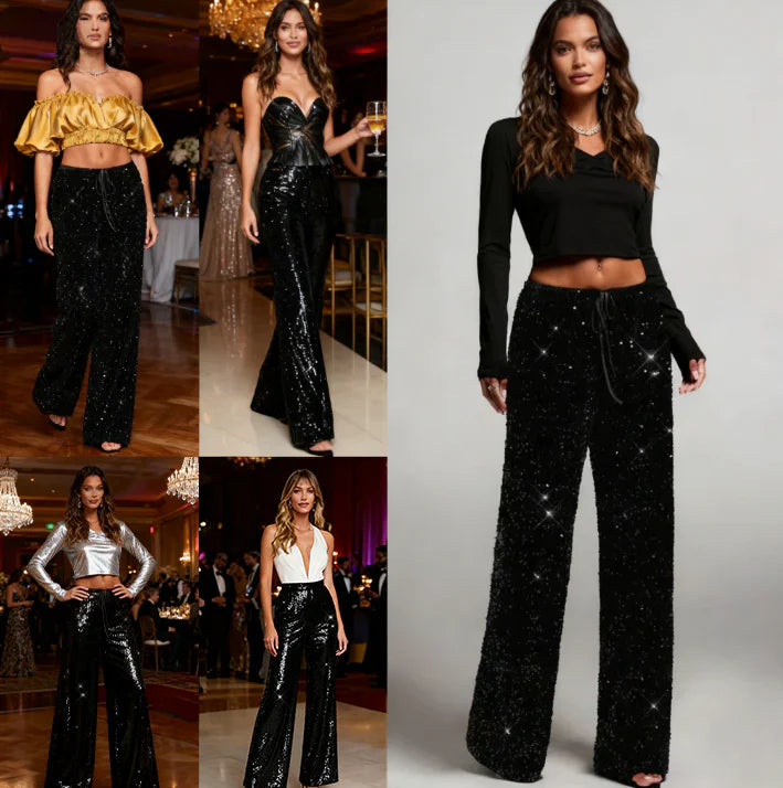💖Damenhose mit Pailletten und weitem Bein, elastischem Bund