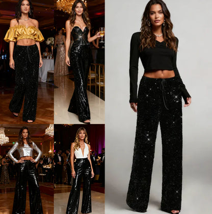 💖Damenhose mit Pailletten und weitem Bein, elastischem Bund