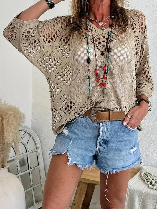 🥰💛 Beiges Häkeloberteil für Damen – Boho V-Ausschnitt, luftig & feminin ✨