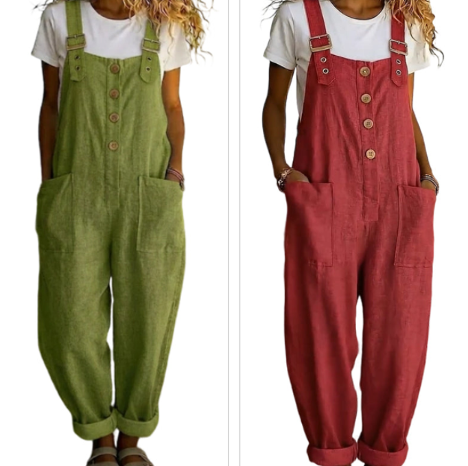 👖Lässige Damen-Latzhose mit Knopfleiste – Verstellbare Träger, atmungsaktives Material & bequeme Passform ✨