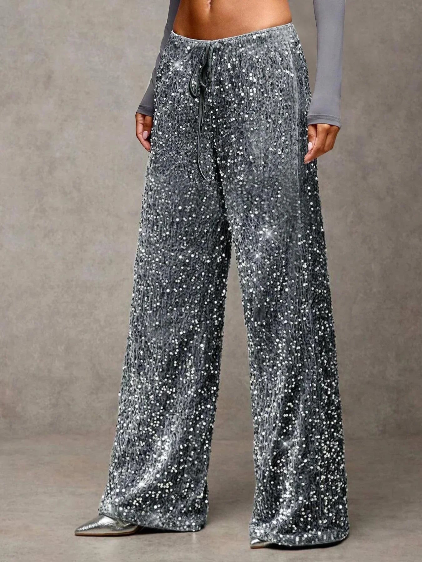 💖Damenhose mit Pailletten und weitem Bein, elastischem Bund