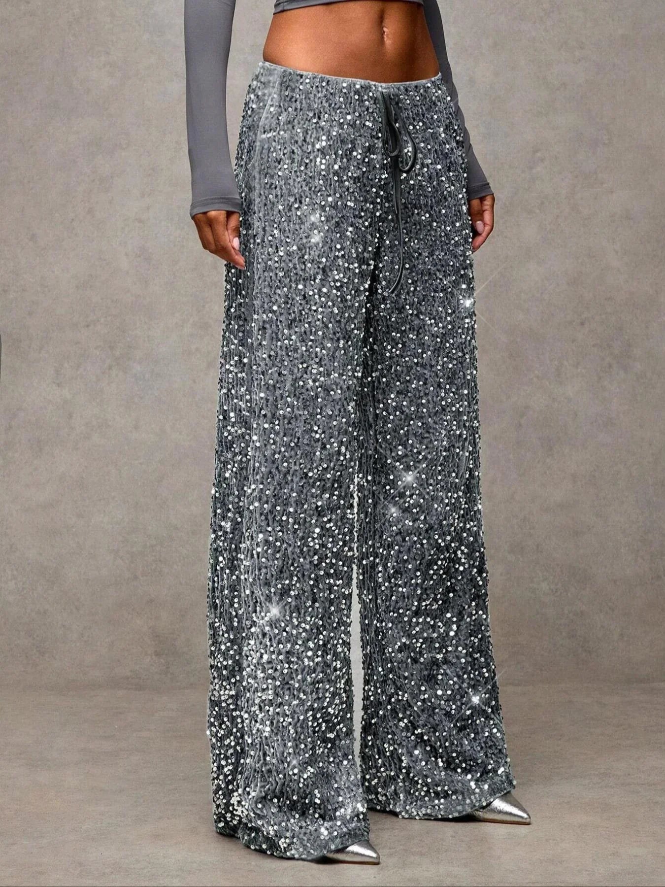 💖Damenhose mit Pailletten und weitem Bein, elastischem Bund