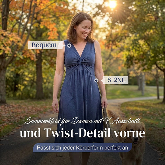 👗🎀 Damen V-Ausschnitt-Kleid mit Knoten- & Raffdetail – ärmellos, taillenbetont & feminin – Fließender Stoff, perfekt für Sommerpartys, Büro oder romantische Anlässe 💃
