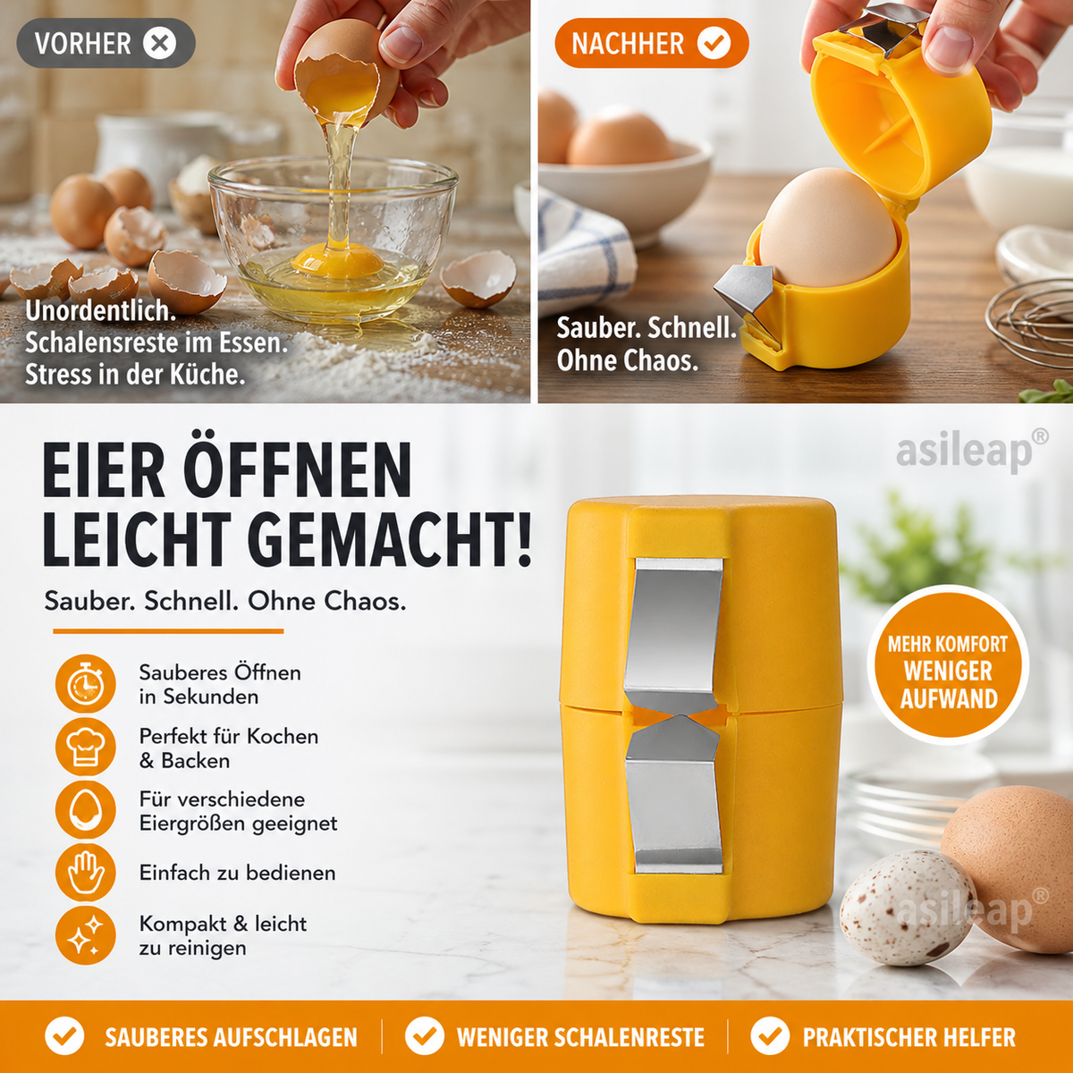 2-in-1 Eierknacker & Eigelb-Separator – hygienisch, einfach in der Handhabung & vielseitig für rohe und gekochte Eier 🥚