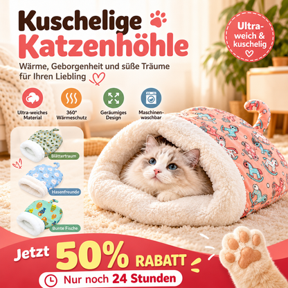 🎉💖Über 66.000 verkauft!🐱🎁Flauschige Katzenhöhle mit Cartoon-Muster – Halbgeschlossen, warm & perfekt für den Winter😴