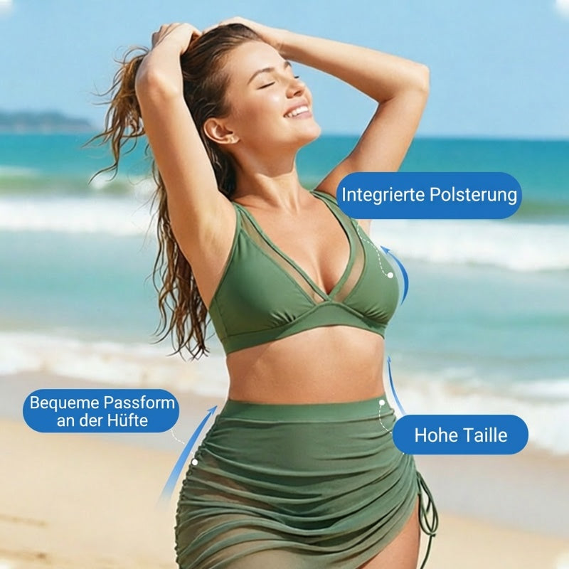 💎 50% RABATT! 💎 Hochtailliertes Bikini-Set mit Schwimmrock – Mesh-Akzente, Bauchkontrolle & Schnelltrocknend 🌊👙