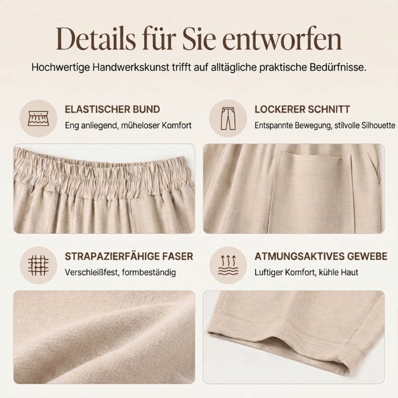 👖 50% RABATT! 🌾 Damen Leinen-Optik Freizeithose – Elastischer Bund, lockerer Schnitt & Taschen – Super bequem für Alltag, Reisen oder warme Tage – stilvoll & leicht 🤍✨