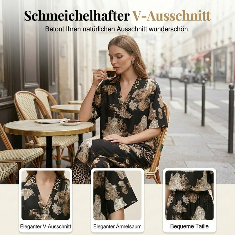 🍁Letzter Tag: 50% Rabatt✨Damen-Set mit Print: Top mit V-Ausschnitt & lange Hose