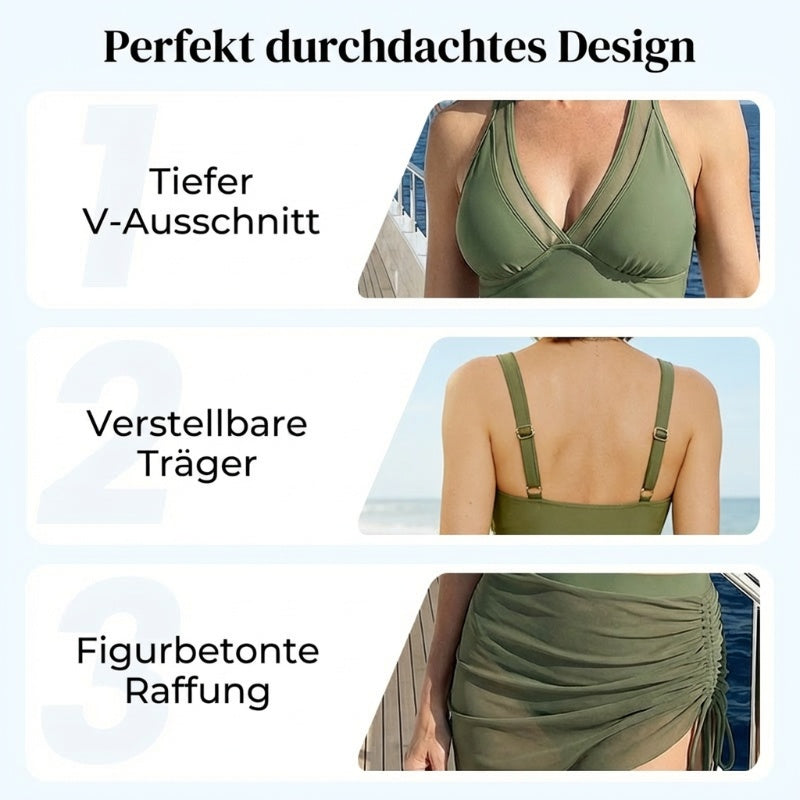 💎 50% RABATT! 💎 Hochtailliertes Bikini-Set mit Schwimmrock – Mesh-Akzente, Bauchkontrolle & Schnelltrocknend 🌊👙