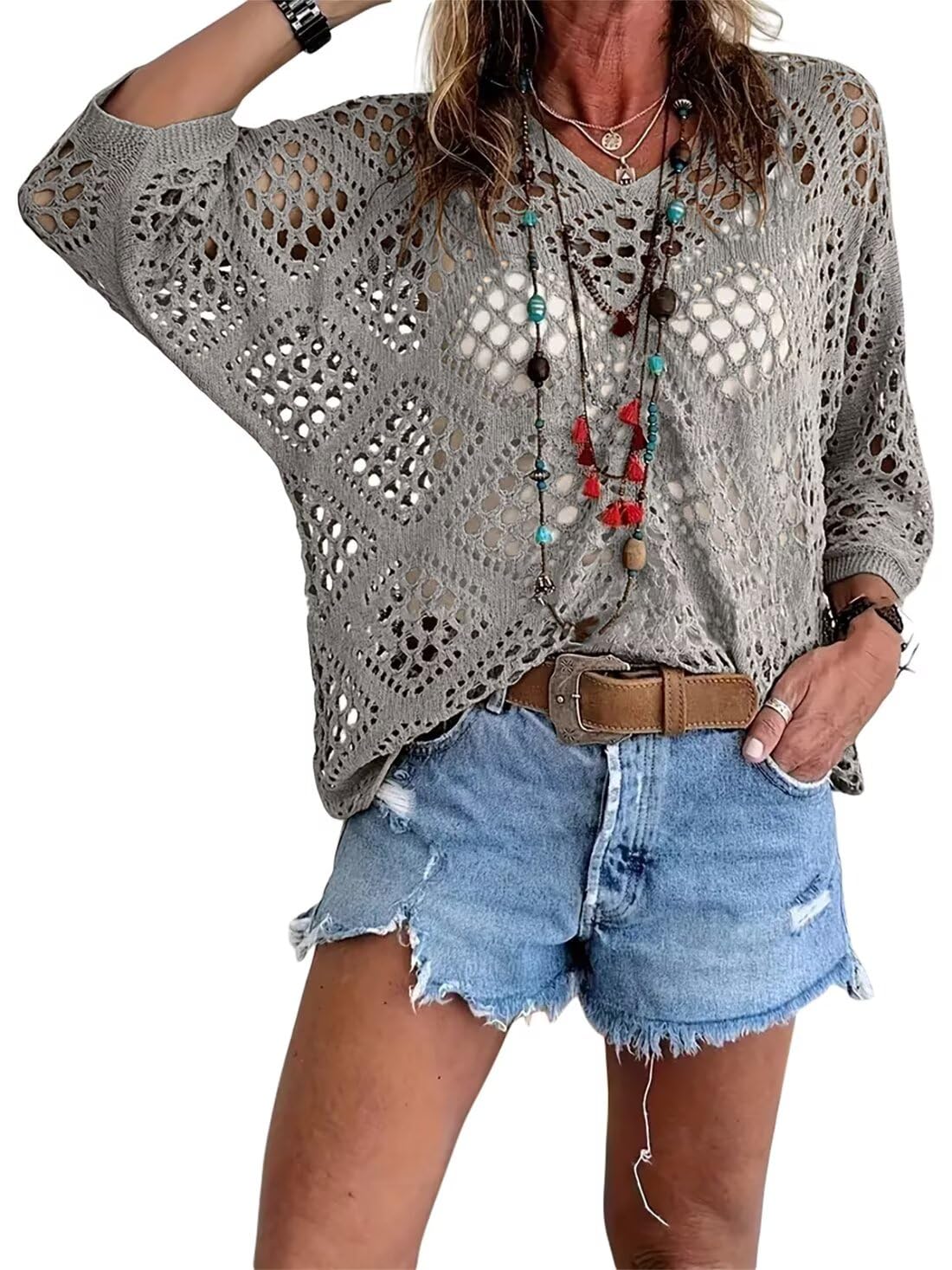 🥰💛 Beiges Häkeloberteil für Damen – Boho V-Ausschnitt, luftig & feminin ✨🤍 50 % Rabatt – ideal für Strand & Sommerlook