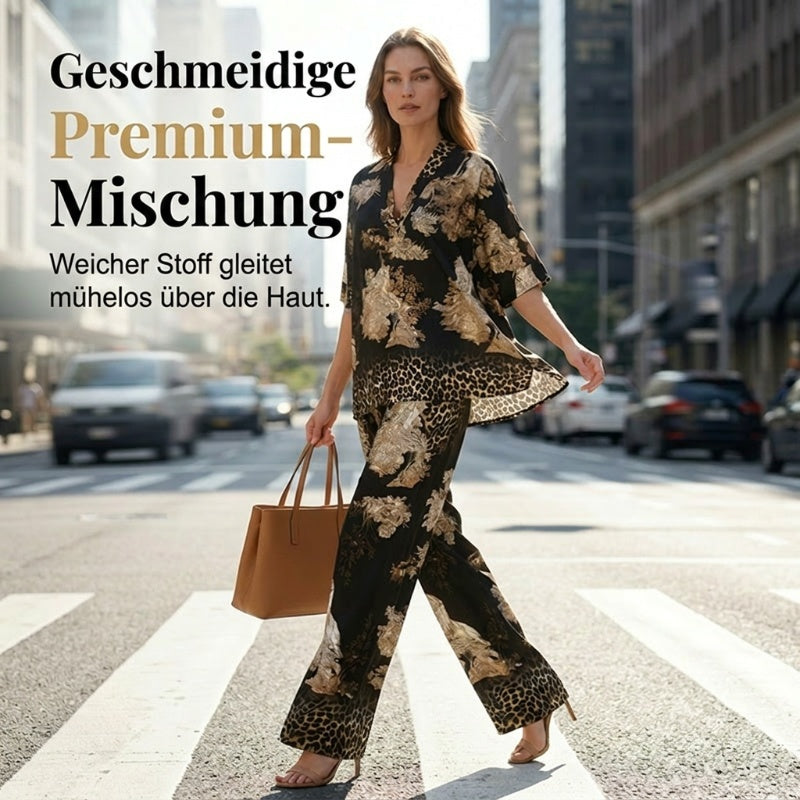🍁Letzter Tag: 50% Rabatt✨Damen-Set mit Print: Top mit V-Ausschnitt & lange Hose