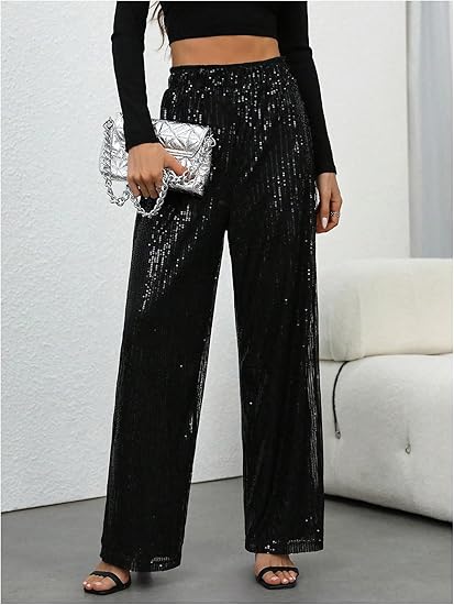 💖Damenhose mit Pailletten und weitem Bein, elastischem Bund