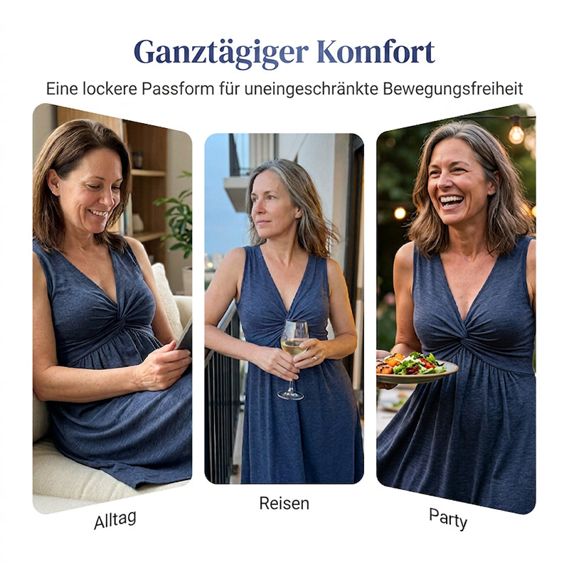 👗🎀 Damen V-Ausschnitt-Kleid mit Knoten- & Raffdetail – ärmellos, taillenbetont & feminin – Fließender Stoff, perfekt für Sommerpartys, Büro oder romantische Anlässe 💃