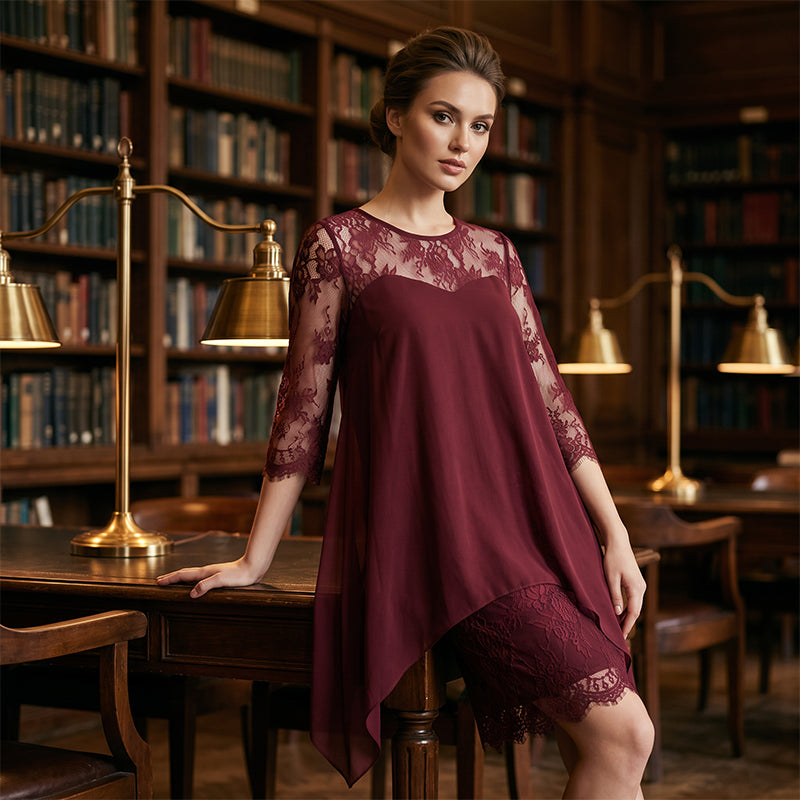 💕Damen elegantes Kleid mit Spitzenüberzug und asymmetrischem Saum