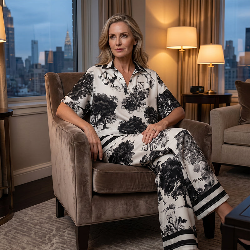 🍁Letzter Tag: 50% Rabatt✨Damen-Set mit Print: Top mit V-Ausschnitt & lange Hose