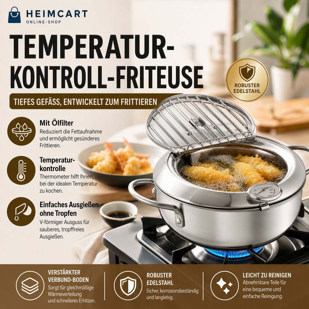 🍤 Nur für kurze Zeit: 50 % Rabatt! ⚡ Tempura-Fritteuse aus Edelstahl 201 – mit Thermometer, Abtropfgitter und tiefem Korpus ✨