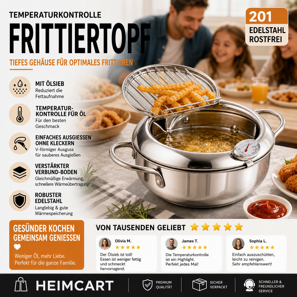 🍤 Nur für kurze Zeit: 50 % Rabatt! ⚡ Tempura-Fritteuse aus Edelstahl 201 – mit Thermometer, Abtropfgitter und tiefem Korpus ✨
