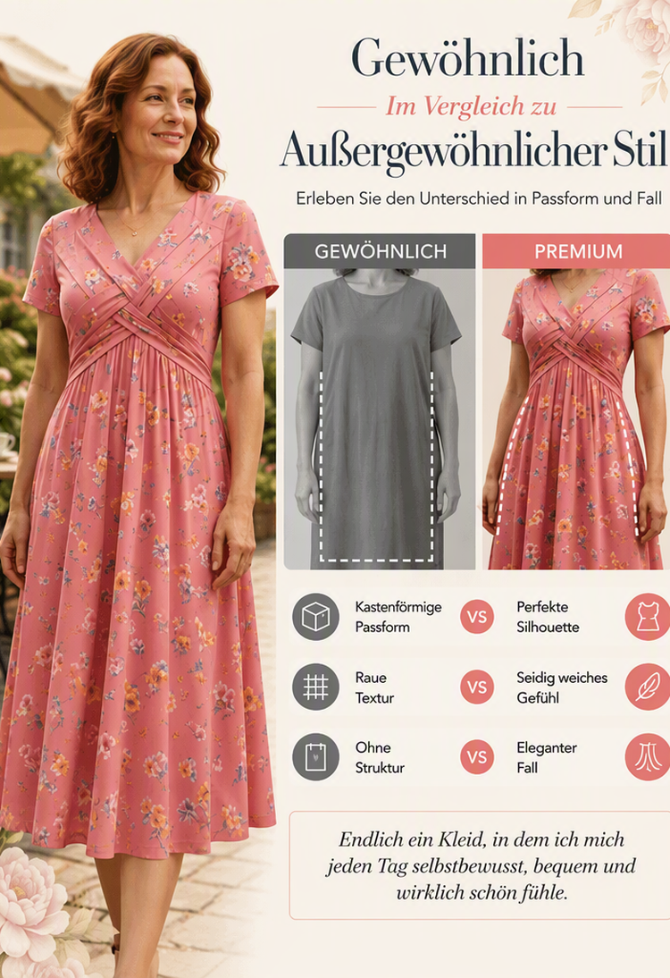 🌸🔥50% RABATT!🔥🔥Blumiges V-Ausschnitt-Kleid mit Taillendrehung – elegant und lässig für jeden Anlass