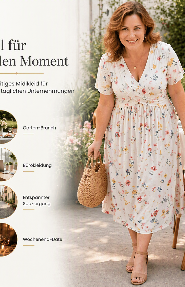🌸🔥50% RABATT!🔥🔥Blumiges V-Ausschnitt-Kleid mit Taillendrehung – elegant und lässig für jeden Anlass