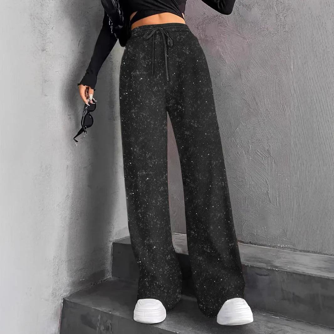 💖Damenhose mit Pailletten und weitem Bein, elastischem Bund