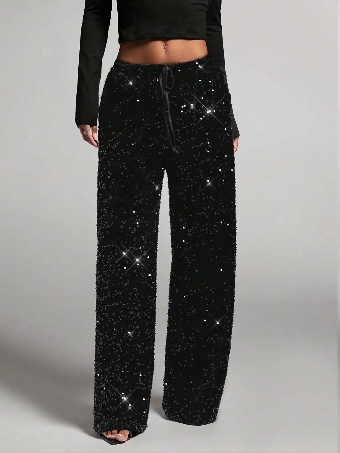 💖Damenhose mit Pailletten und weitem Bein, elastischem Bund