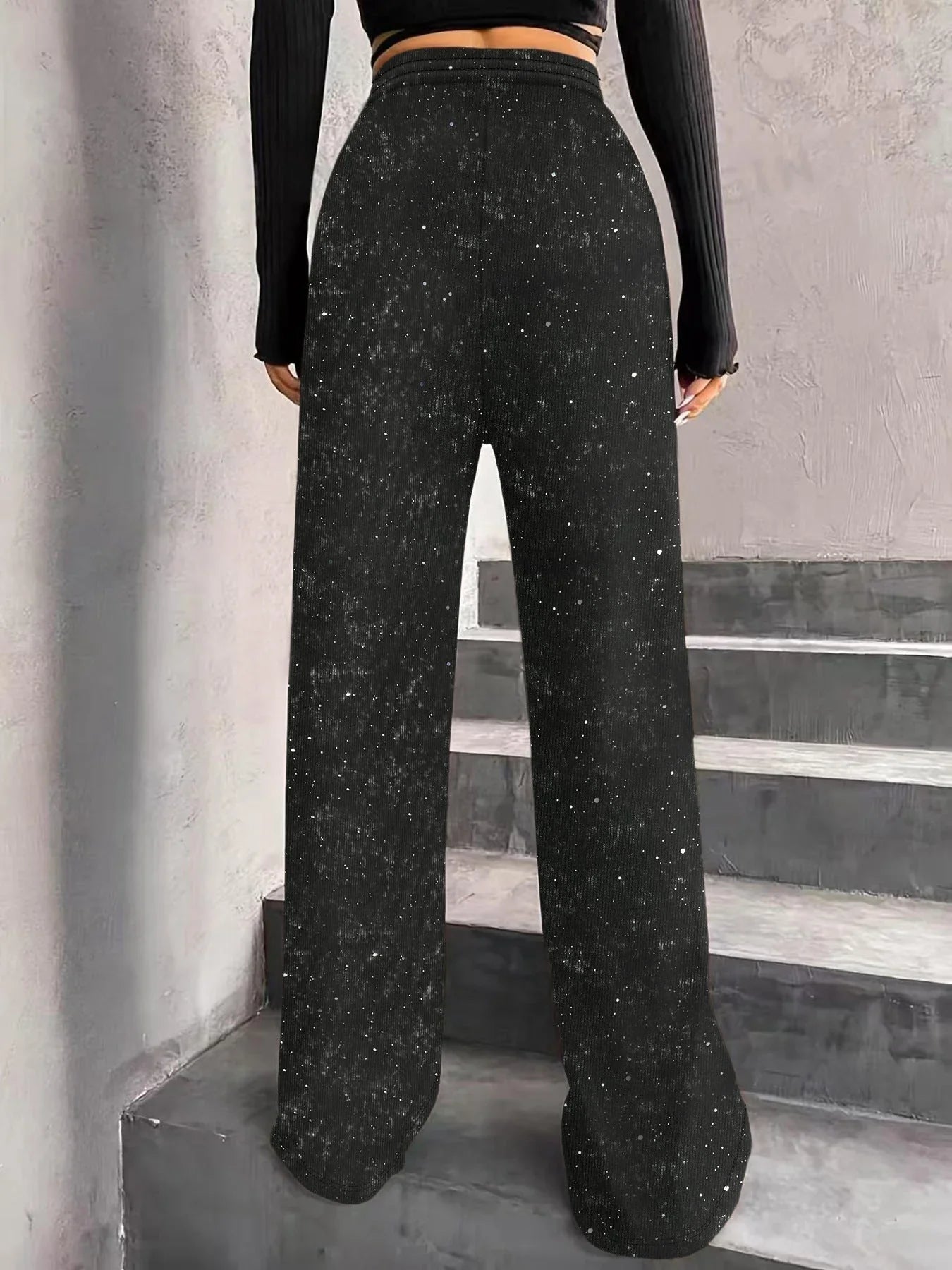 💖Damenhose mit Pailletten und weitem Bein, elastischem Bund