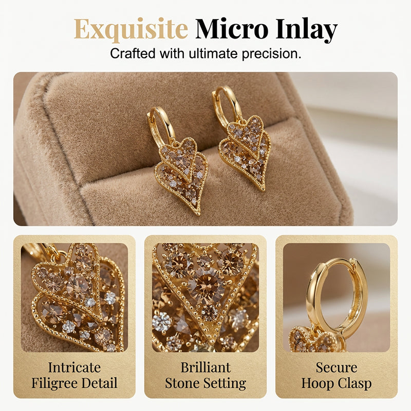 💎 LIMITED-TIME 50% RABATT! ✨ Herz-Hoop-Ohrringe – Doppel-Herz, Kaffeefarbene Kristalle, Gold, Leicht ❤️