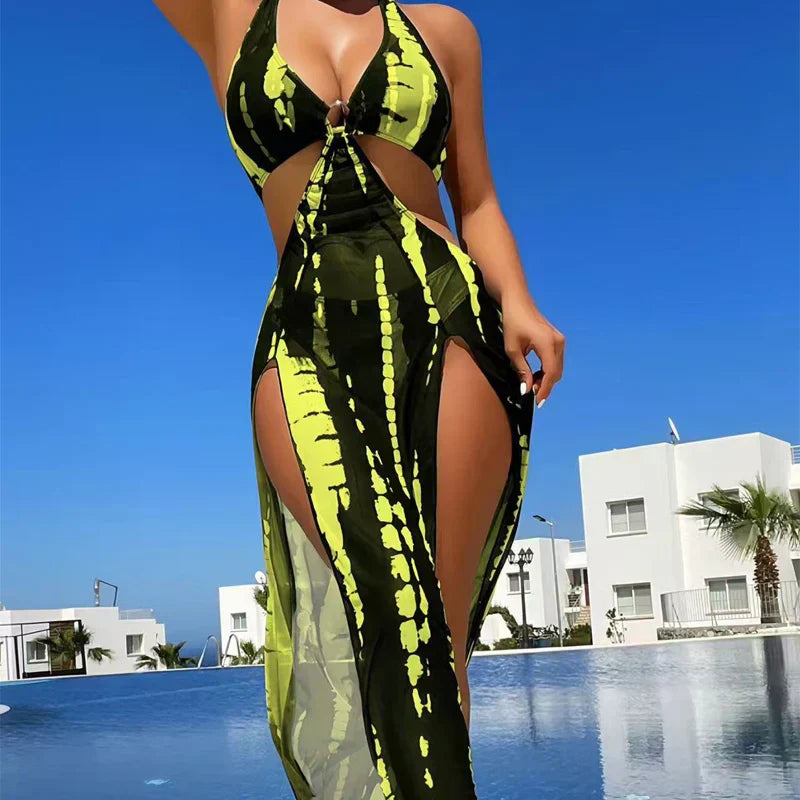 ⏰ Nur noch heute limitierter 55% Rabatt! 👙 2-teiliges Bikini-Set mit transparentem Strand-Maxirock, Ring-Detail am Halsausschnitt, elastischer Stoff, trendiger Schwarz-Weiß Batik Print für Pool, Strand & Sommerurlaub ✨