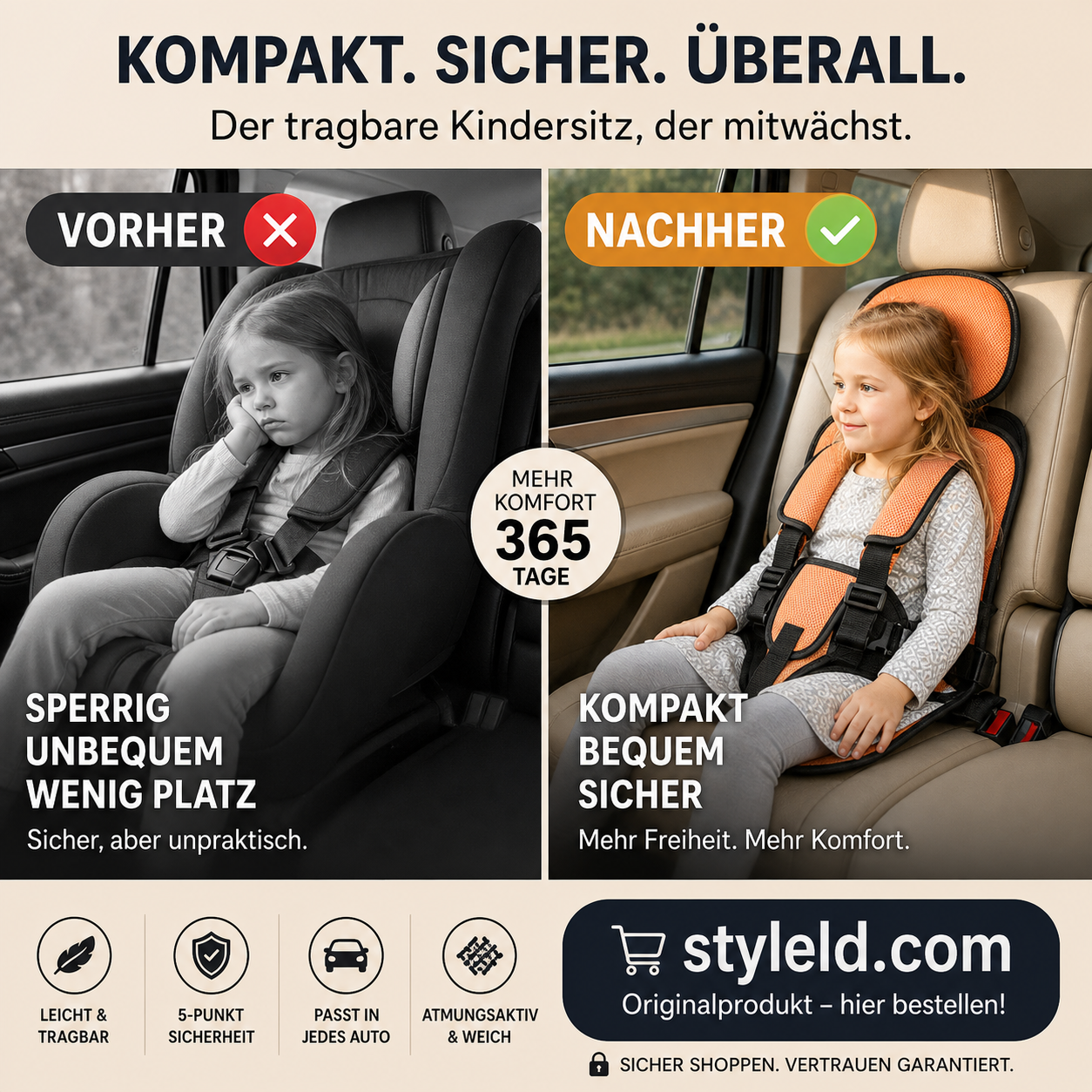 🔥 Kindersitz fürs Auto – Faltbar, sicher, überall dabei! 🧒 5-Punkt-Gurt, atmungsaktiv, für 0–12 Jahre ⚡ Limitiertes Angebot ⏳