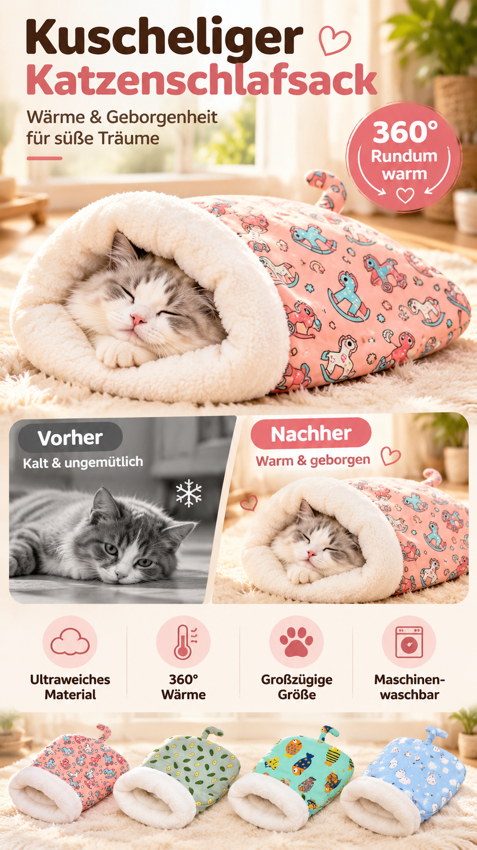 🎉💖Über 66.000 verkauft!🐱🎁Flauschige Katzenhöhle mit Cartoon-Muster – Halbgeschlossen, warm & perfekt für den Winter😴