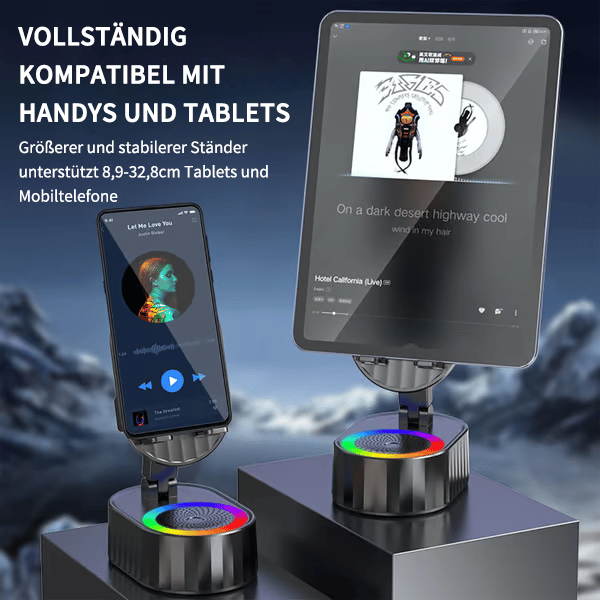 5-in-1 Handyhalterung mit kabellosem induktivem Audio-Bluetooth-Lautsprecher, 360° drehbarer LED-Halterung und universeller Lautsprecherhalterung