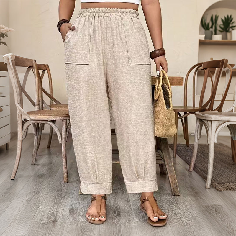 👖 50% RABATT! 🌾 Damen Leinen-Optik Freizeithose – Elastischer Bund, lockerer Schnitt & Taschen – Super bequem für Alltag, Reisen oder warme Tage – stilvoll & leicht 🤍✨