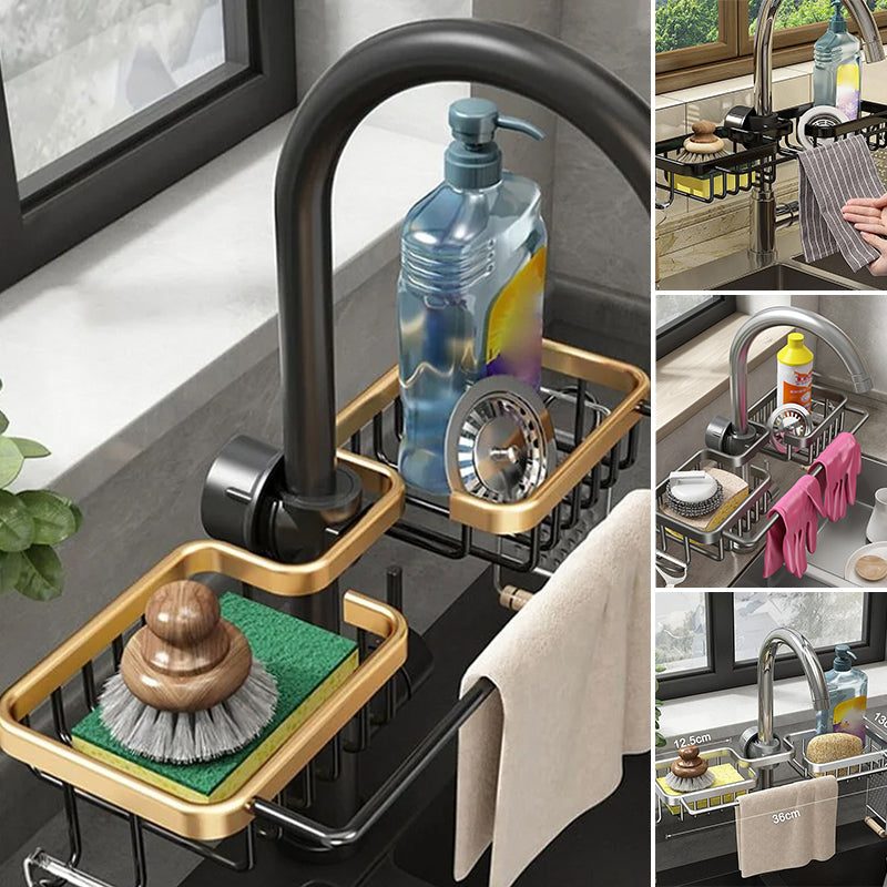 🔥 HOT SALE! Rostfreie Wasserhahn-Ablage aus Weltraum-Aluminium – Schluss mit Rost & Chaos am Waschbecken – langlebig, stabil & ideal für Küche & Bad 🚿✨