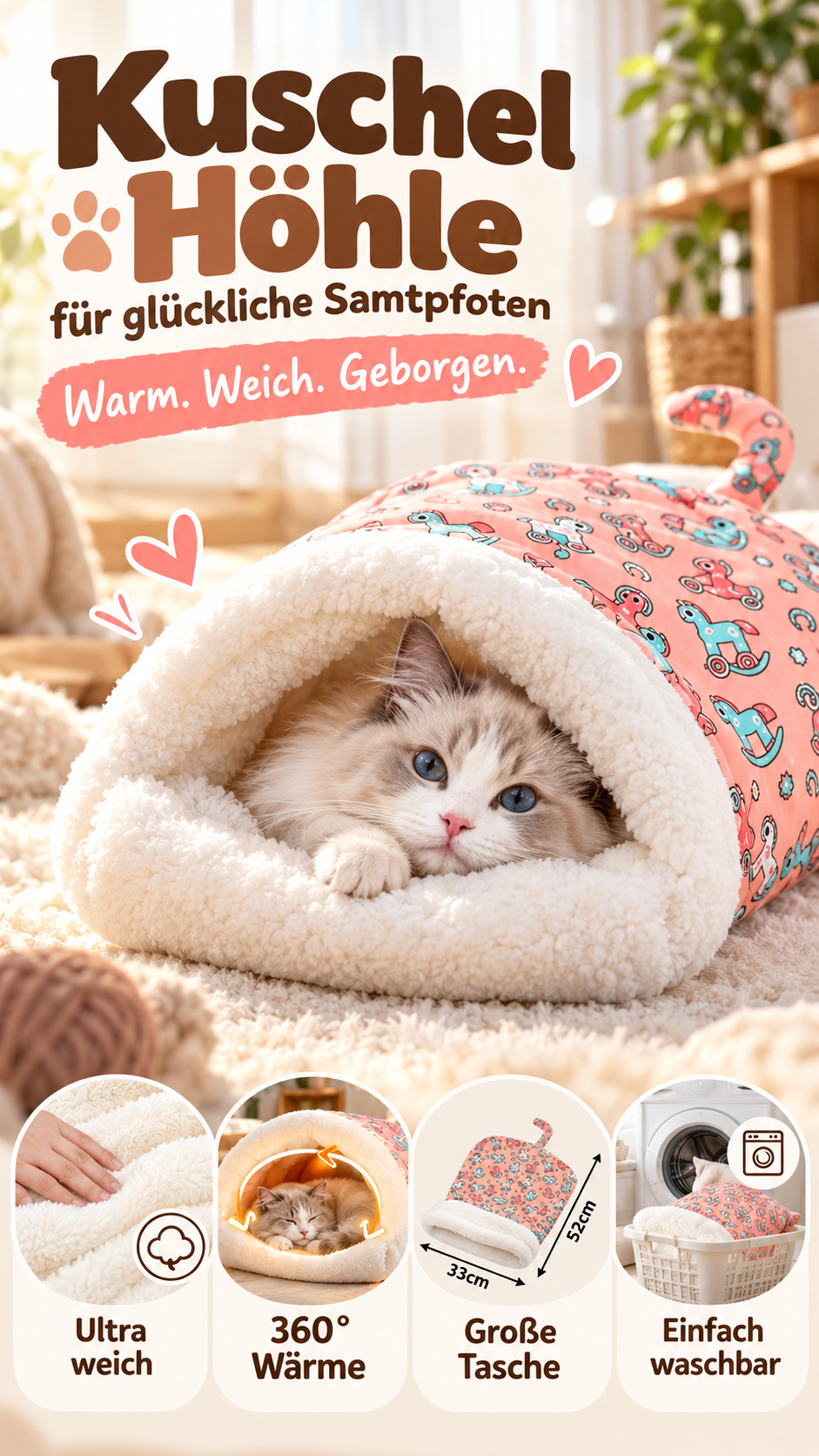 🎉💖Über 66.000 verkauft!🐱🎁Flauschige Katzenhöhle mit Cartoon-Muster – Halbgeschlossen, warm & perfekt für den Winter😴