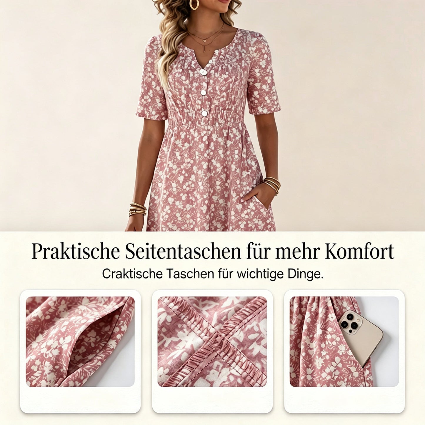 🏖️ Sommer-Sale 60% Rabatt 🏝️👗Lässiges V-Ausschnitt-Kleid für Damen mit Print & Taschen✨
