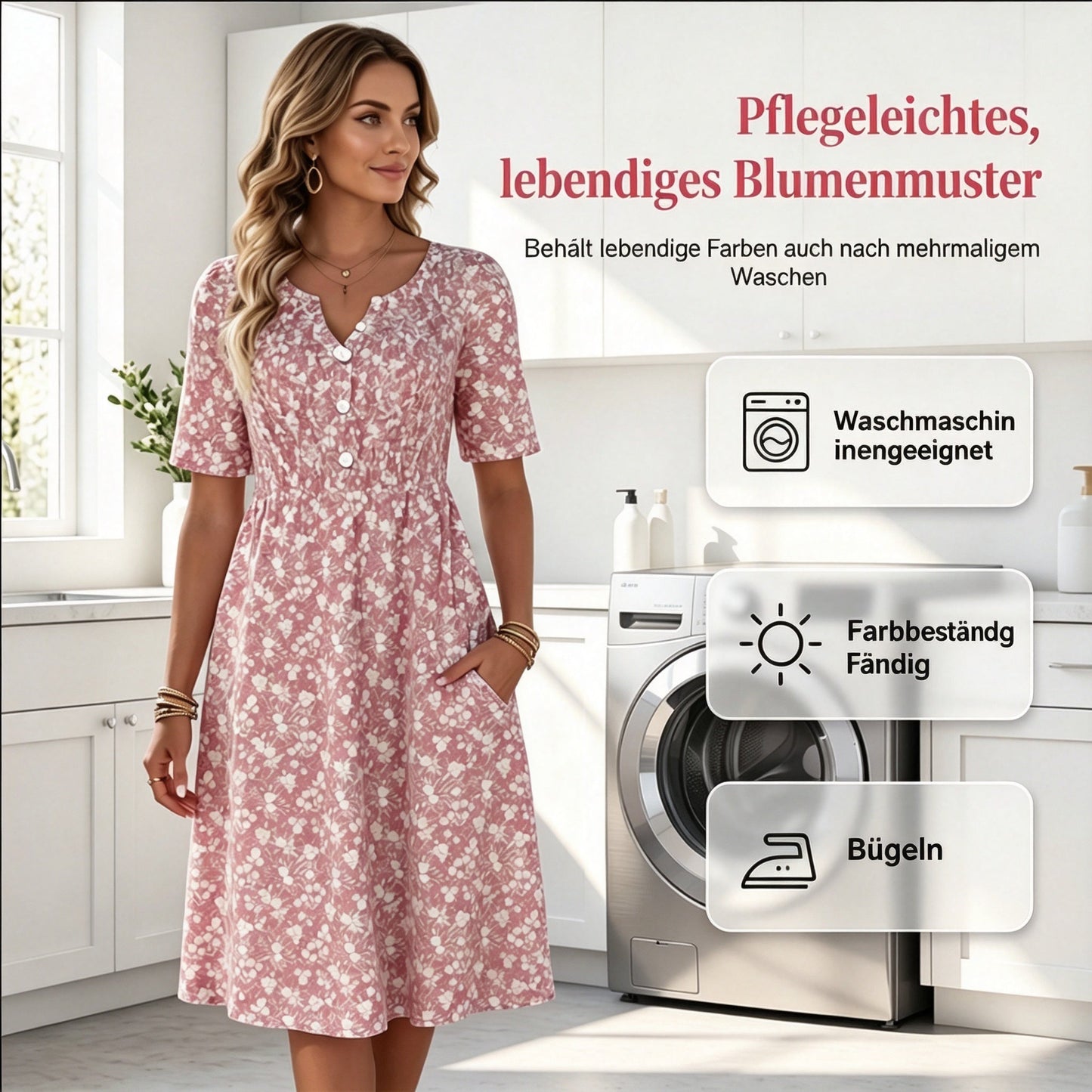 🏖️ Sommer-Sale 60% Rabatt 🏝️👗Lässiges V-Ausschnitt-Kleid für Damen mit Print & Taschen✨