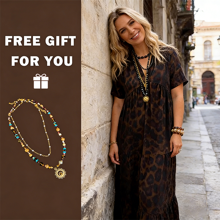 💞Neuankunft 47% Rabatt👗Damen V-Ausschnitt Leopard Druck Maxi Kleid mit kostenloser Halskette📿💎