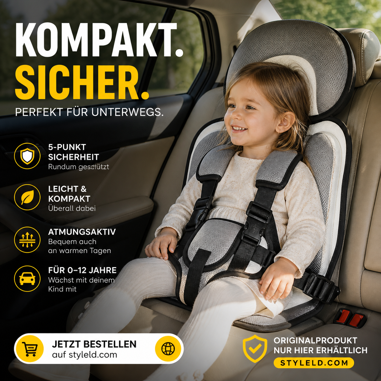 🔥 Kindersitz fürs Auto – Faltbar, sicher, überall dabei! 🧒 5-Punkt-Gurt, atmungsaktiv, für 0–12 Jahre ⚡ Limitiertes Angebot ⏳