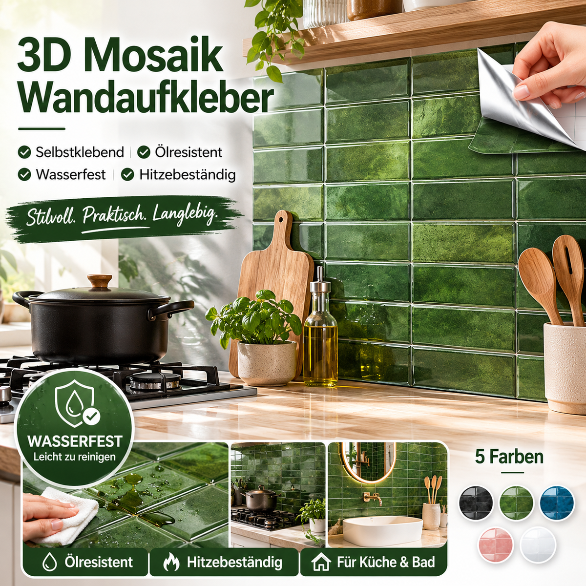 🧱 50% RABATT! 🍳 Selbstklebender Küchen-Spritzschutz – Zuschneidbar & 5 Farben ✨
