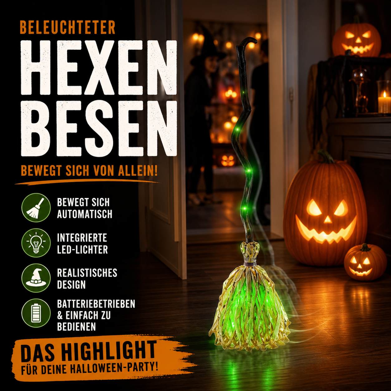 ⏳ Begrenzter Zeit: 50 % Rabatt ⏰ Animierte Hexenbesen Halloween-Dekoration mit Licht und Sound 🧙