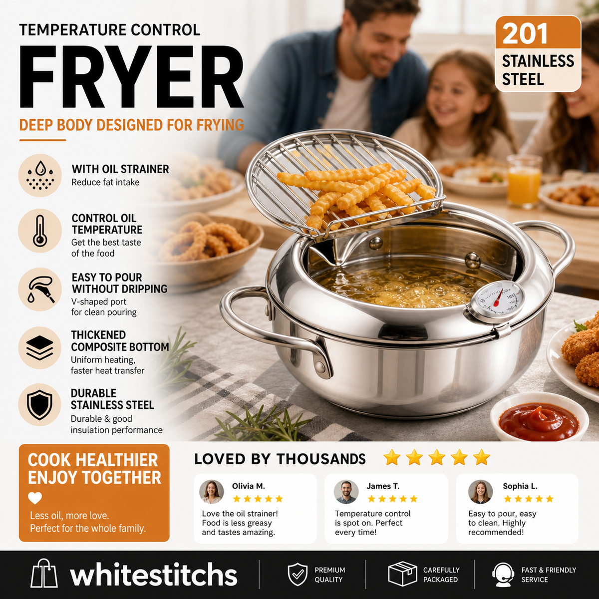 🍤 Nur für kurze Zeit: 50 % Rabatt! ⚡ Tempura-Fritteuse aus Edelstahl 201 – mit Thermometer, Abtropfgitter und tiefem Korpus ✨